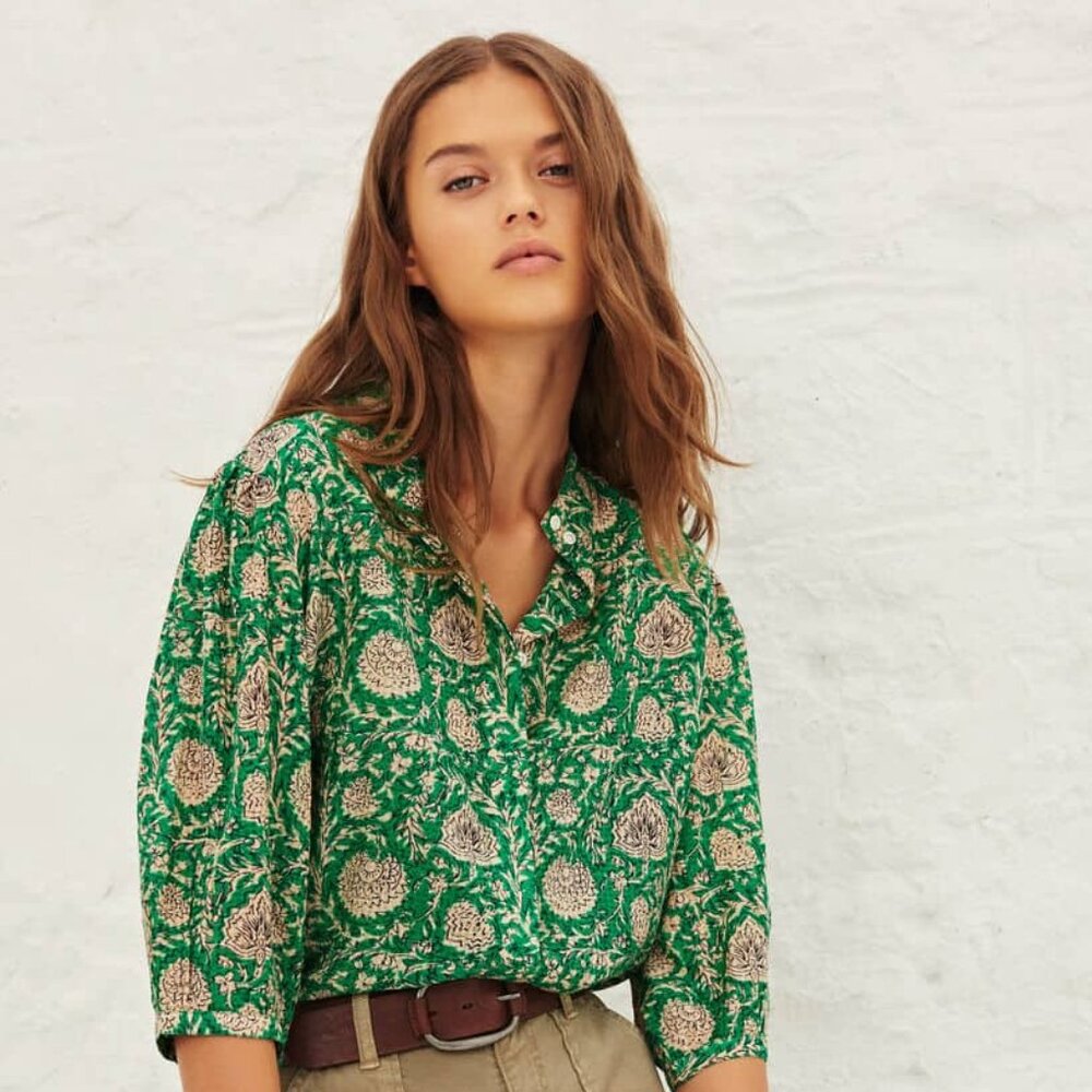 ba&sh Panama Print Blouse, green, size S